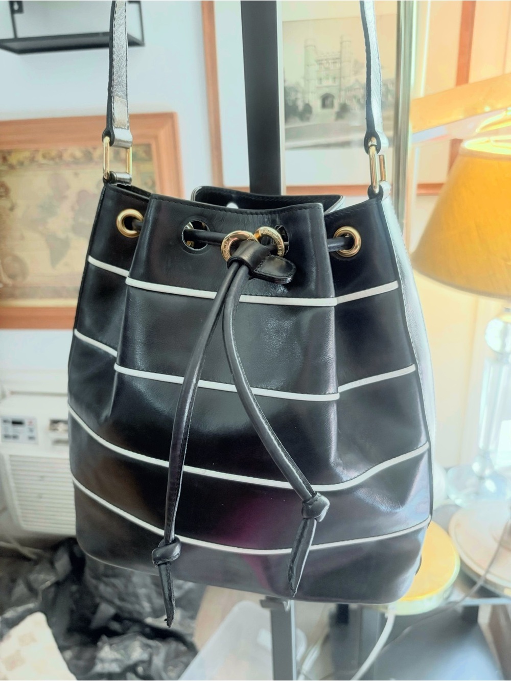 ESCADA Vintage Navy Black Drawstring Bucket Bag